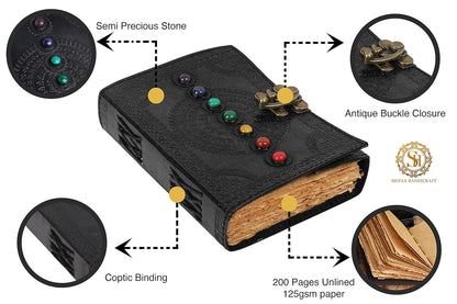 Seven Chakra Stone Embossed Black Leather Journal