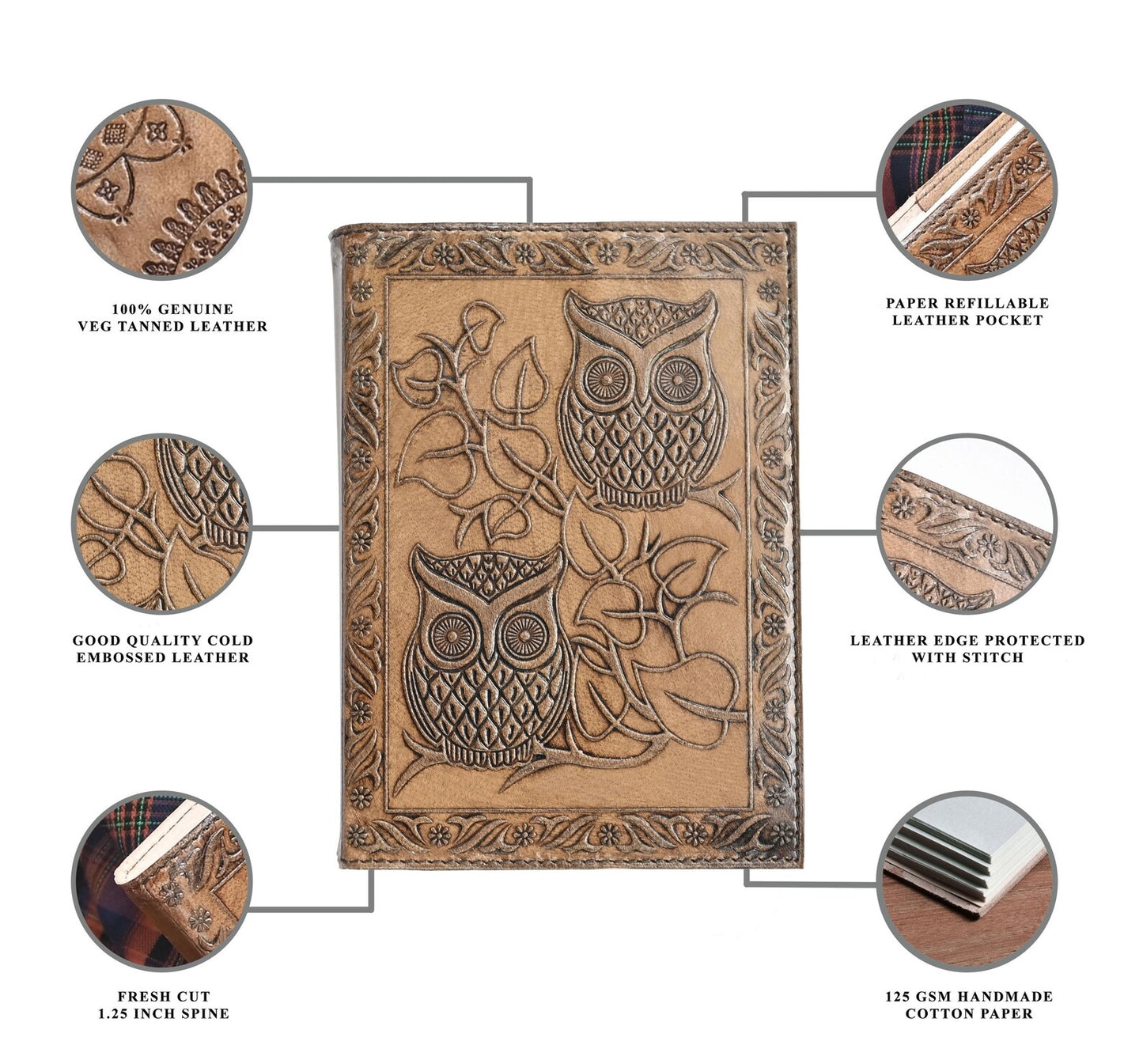 Embossed Owl Leather Journal With Brass Lock