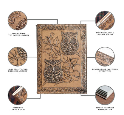 Embossed Owl Leather Journal With Brass Lock