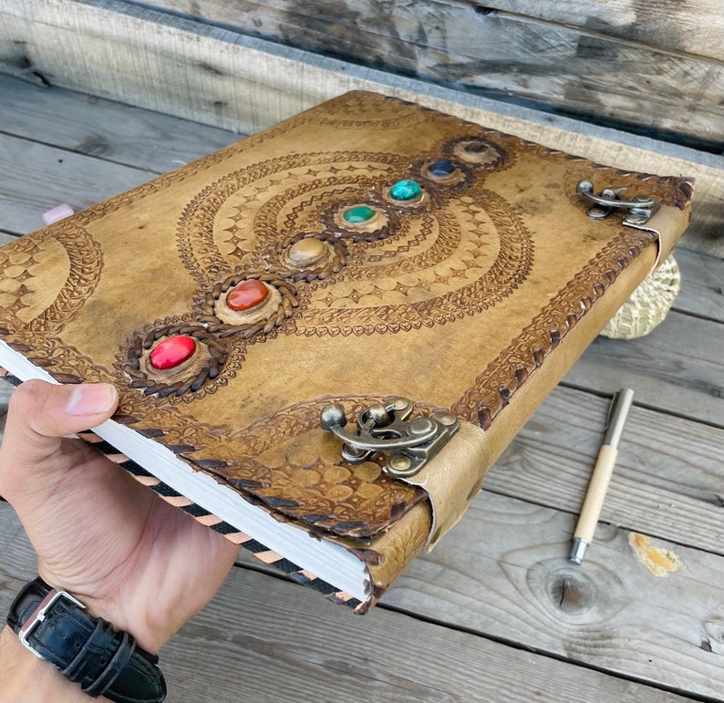 Seven Stone Chakra Leather Journal With brass Lock