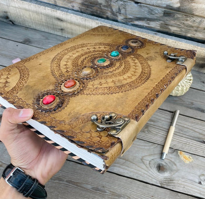 Seven Stone Chakra Leather Journal With brass Lock