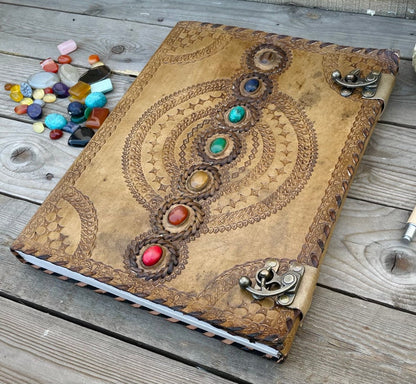 Seven Stone Chakra Leather Journal With brass Lock