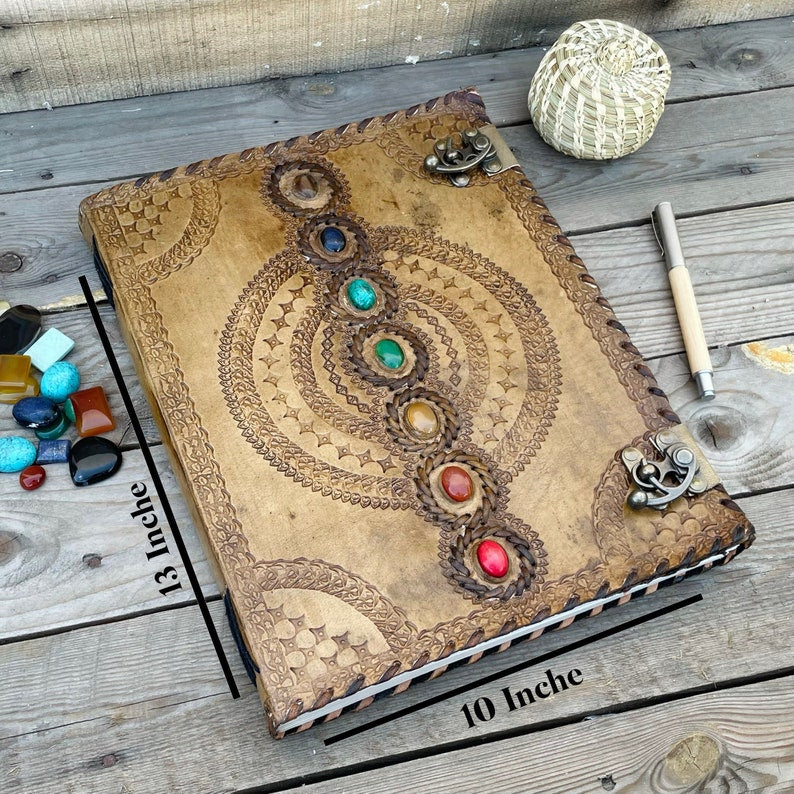 Seven Stone Chakra Leather Journal With brass Lock