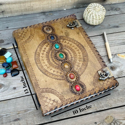 Seven Stone Chakra Leather Journal With brass Lock
