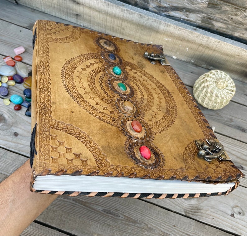 Seven Stone Chakra Leather Journal With brass Lock