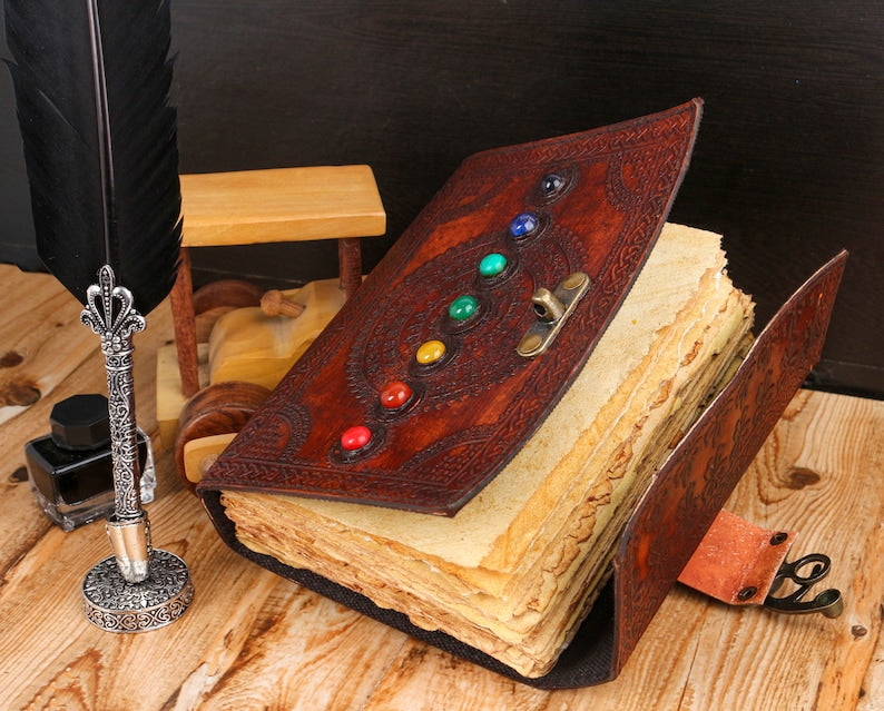 Seven Chakra Stone Embossed Brown Leather Journal