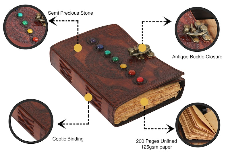 Seven Chakra Stone Embossed Brown Leather Journal