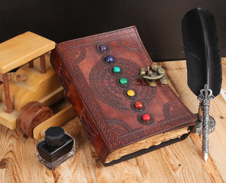 Seven Chakra Stone Embossed Brown Leather Journal