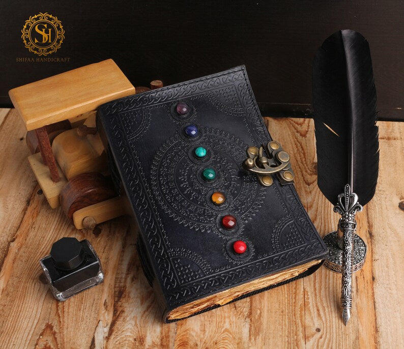 Seven Chakra Stone Embossed Black Leather Journal