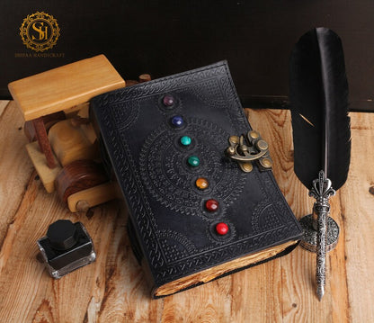 Seven Chakra Stone Embossed Black Leather Journal
