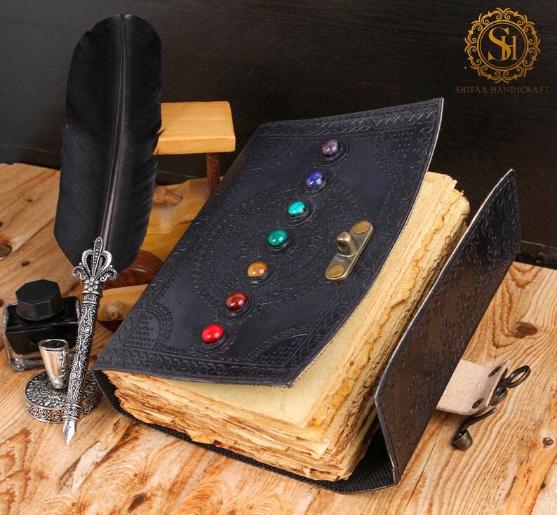 Seven Chakra Stone Embossed Black Leather Journal