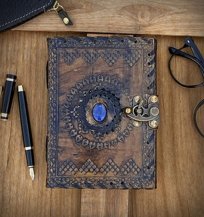 Chakra Lapis Lazuli Stone Leather Journal With Brass Lock