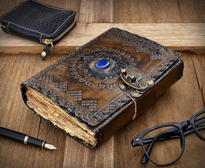 Chakra Lapis Lazuli Stone Leather Journal With Brass Lock