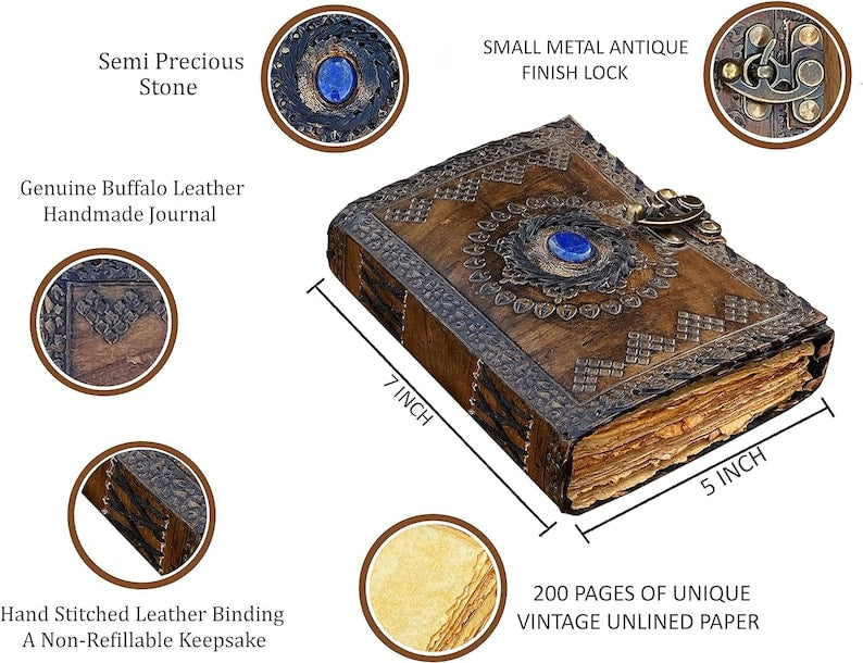 Chakra Lapis Lazuli Stone Leather Journal With Brass Lock