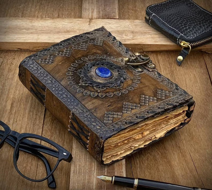 Chakra Lapis Lazuli Stone Leather Journal With Brass Lock