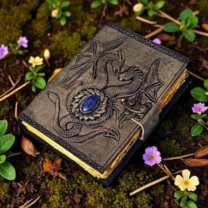 Double Dragon Leather Journal with Gemstone