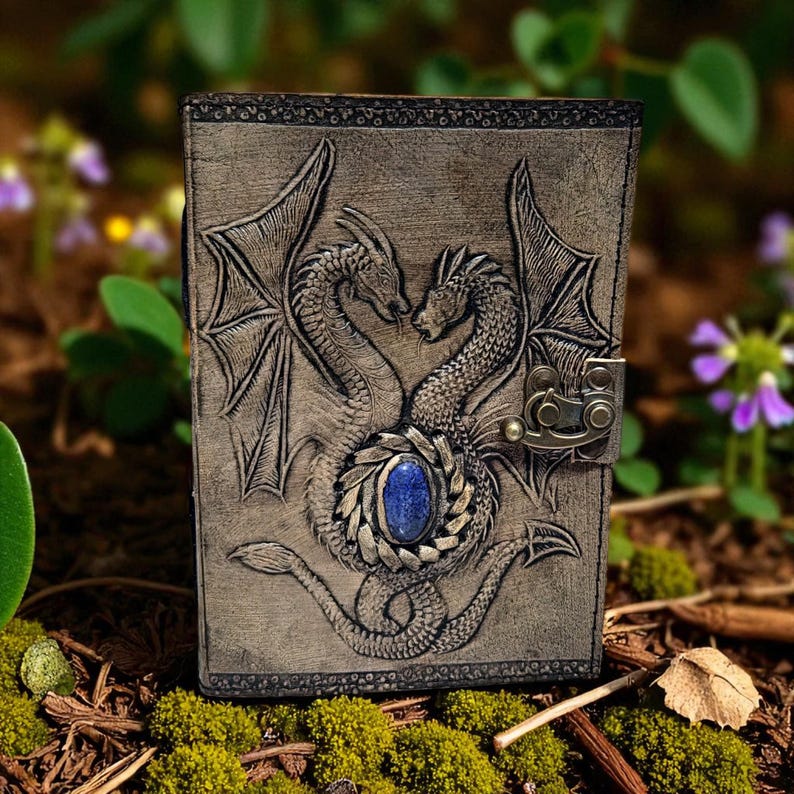 Double Dragon Leather Journal with Gemstone