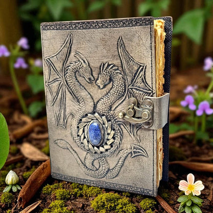 Double Dragon Leather Journal with Gemstone