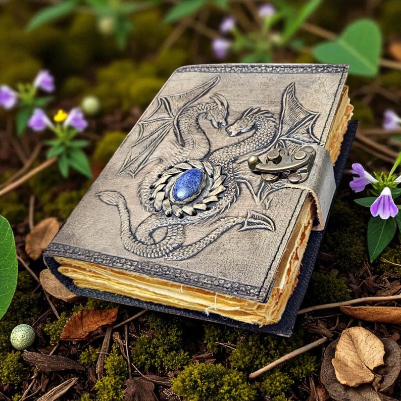 Double Dragon Leather Journal with Gemstone