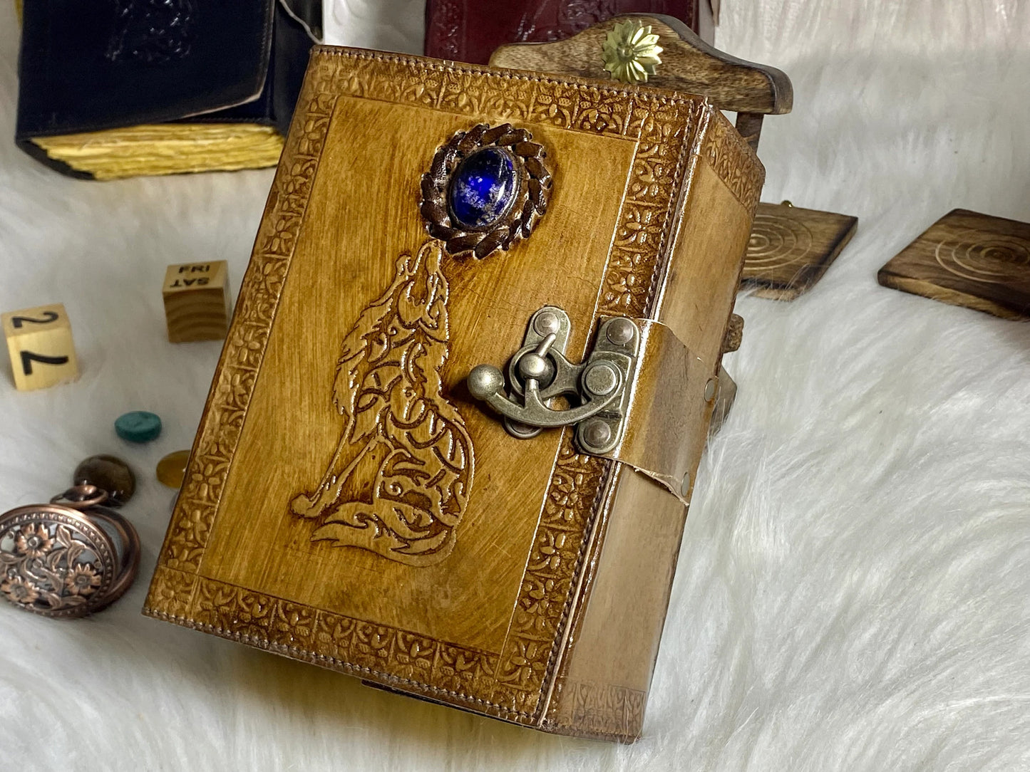 Embossed Wolf Stone Leather Journal With Brass Lock