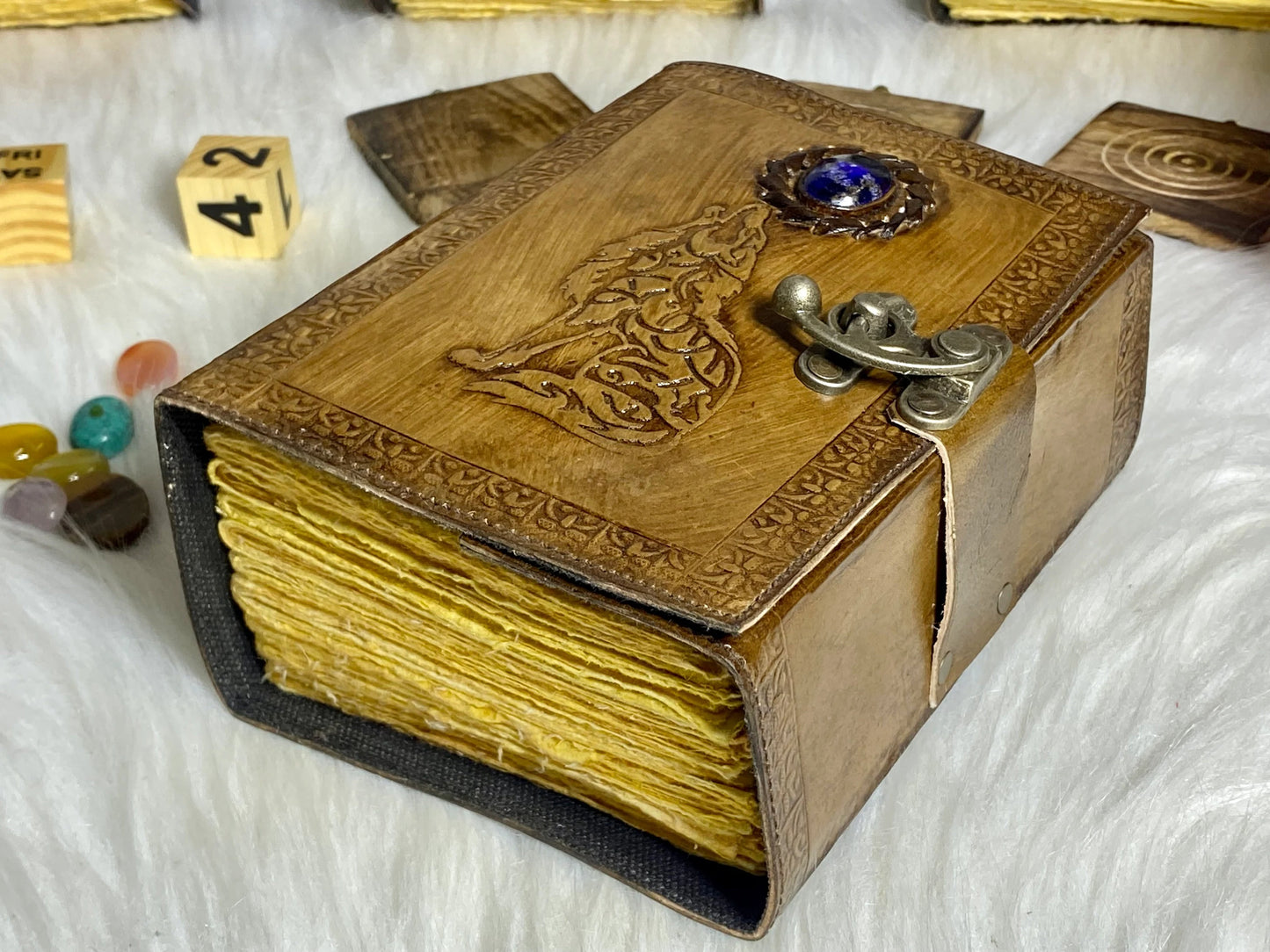 Embossed Wolf Stone Leather Journal With Brass Lock