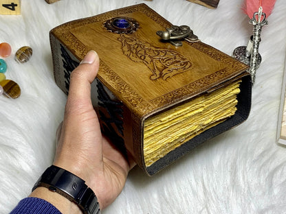 Embossed Wolf Stone Leather Journal With Brass Lock